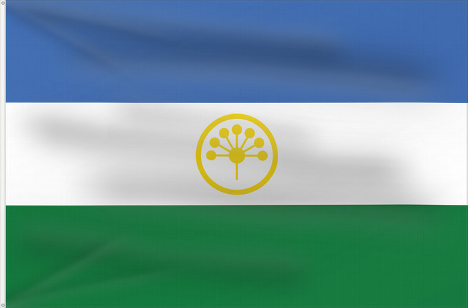 Flagge, mit zwei Metallösen und verstärktem Besatzband: Bashkortostan	State flag of the Republic of Bashkortostan	République de Bachkirie	Bashkortostán	Baschkortostan	Башҡортостан Республикаһының Дәүләт флагы	Флаг Башкортостана