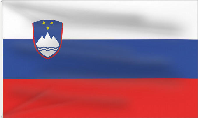 Bandera, con dos ojales metálicos y lado del asta reforzado: Slovenia	Slovénie	Eslovenia	Slowenien	Slovenië	Słowenii	Сцяг Славеніі	Slovenije	D Eslovènia	Slovinská vlajka	Флаг Словении	Прапор Словенії