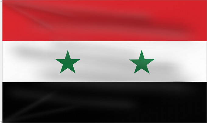 Flag, with two metal eyelets and reinforced hoist: Syria	It is easy to put a border around this flag image	Syrie	República Árabe Unida  1958-1961	Syrien	Siria	Zjednoczonej Republiki Arabskiej  1958-1961	علم الجمهورية العربية المتحدة ١٣٧٧-١٣٨٠	República Árabe Xunida  1958-1961	República Àrab Unida  1958-19