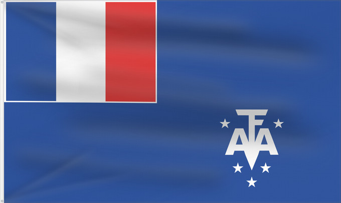 Bandera, con dos ojales metálicos y lado del asta reforzado: French Southern and Antarctic Lands	En French Southern and Antarctic Lands	Terres australes et antarctiques françaises	Administrador Superior de los Territorios Australes Franceses	Französische Süd- und Antarktisgebiete	Territori francesi meridionali	Fran