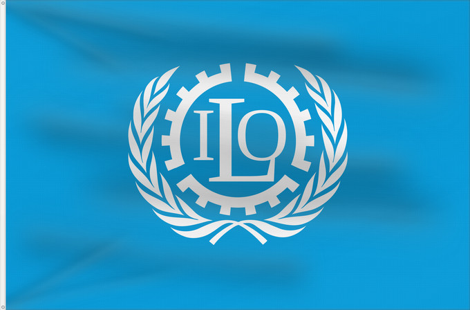 Drapeau, avec deux œillets métalliques et guindant renforcé : ILO	International Labour Organization	Organisation internationale du travail	Internationale Arbeitsorganisation	Dell Organizzazione Internazionale del Lavoro
