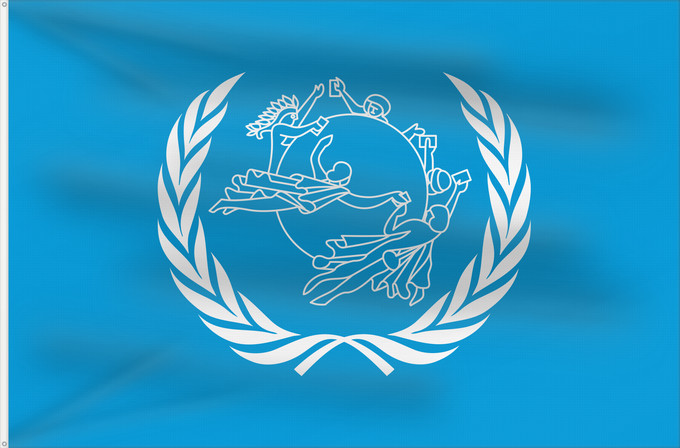 Bandiera, con due occhielli metallici e lato dell'asta rinforzato: UPU Universal Postal Union L Union postale universelle Weltpostverein Dell Unione Postale Universale Прапор Всесвітнього поштового союзу
