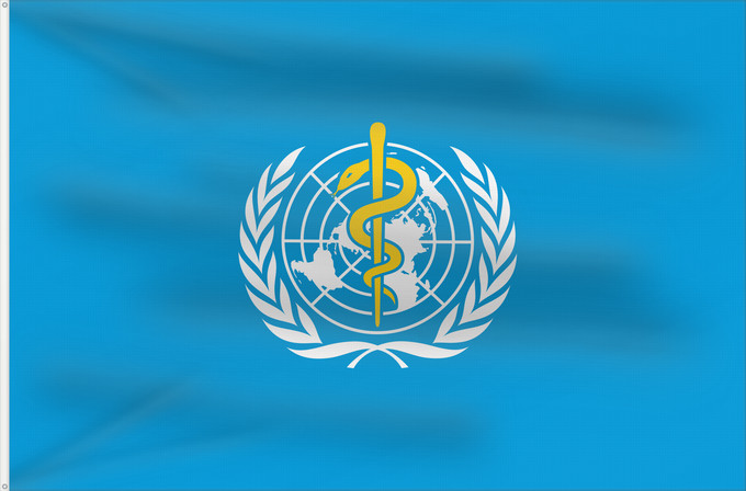 Drapeau, avec deux œillets métalliques et guindant renforcé : WHO	World Health Organization	L Organisation mondiale de la santé	​世界衛生組織的旗幟。