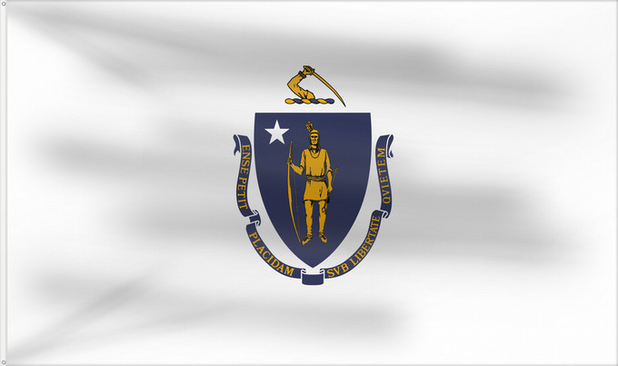 Bandera, con dos ojales metálicos y lado del asta reforzado: Massachusetts ᎺᏌᏧᏎᏗ ᎦᏓᏘ Ka hae Makakukeka Massachusettæ Méésíchóoshish Hahoodzo bidah naatʼaʼí Amerikaanischen Bunneschteet Massachusetts Флаг Массачусетса Američke savezne države Massachusetts