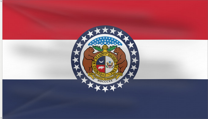 Bandera, con dos ojales metálicos y lado del asta reforzado: Missouri Missouri, adopted in 1913 Misuri ᏨᎫᎵ ᎦᏓᏘ Ka hae Mikouli Missuriae Mizoowii Hahoodzo bidah naatʼaʼí Флаг Миссури Američke savezne države Missouri