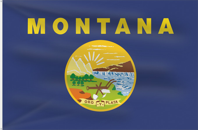 Bandera, con dos ojales metálicos y lado del asta reforzado: Montana ᎹᎾᏖᎾ ᎦᏓᏘ Ho honáéšé e hoohëö o Ka hae Monekana Montanae Máánteenah Hahoodzo bidah naatʼaʼí Američke savezne države Montane