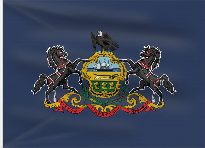 Drapeau, avec deux œillets métalliques et guindant renforcé : Pennsylvania Pennsylvanie Pensilvania Pennsylvanien ᎤᎩᏓᎵᏱ ᎦᏓᏘ Ka hae Penekelewinia ペンシルベニア州の旗 中文:賓夕法尼亞州州旗 Pennsilvaniae Pénsówéíniyah Hahoodzo bidah naatʼaʼí Pennsilfaani Флаг Пенсильвании Američke savezne države Pennsylvanie Pennsylvanias 賓夕法尼亞州州旗
