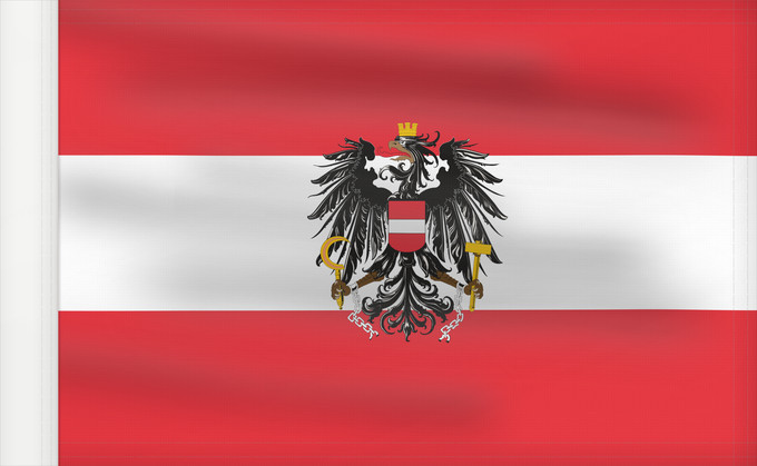 Bandera, con lado del asta reforzado: Austria  state, variant	State flag of Austria; Version with a more artistic version of the coat of arms	Autriche (drapeau d'État de service, variante)	Austria (bandera estatal de servicio, variante)	Dienstflagge der Republik Österreich; Variante mit künst
