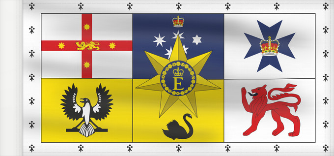 Flag, with reinforced hoist: Royal Standard of Australia  1962–2022	Queen Elizabeth II s personal flag for Australia	Étendard Royal d'Australie (1962–2022)	Estandarte Real de Australia (1962–2022)	Königsstandarte von Australien (1962–2022)	Stendardo Reale d'Australia (1962–2022)