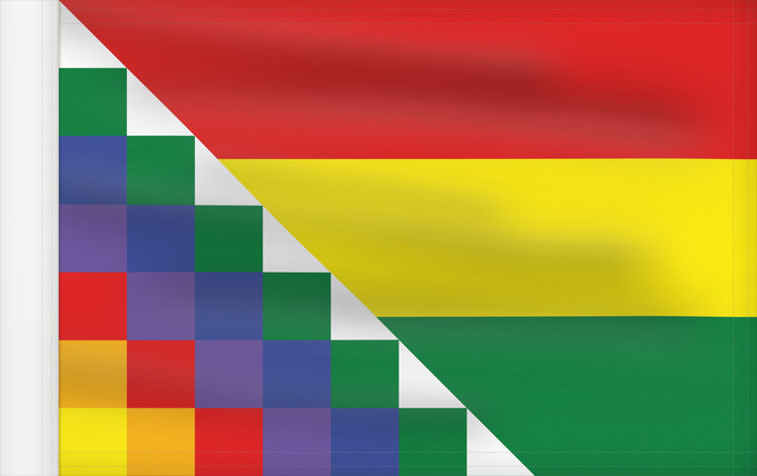 Bandera, con lado del asta reforzado: Proposed flag of Bolivia	Possible proposal of Evo Morales for a new flag of Bolivia	Diseño de posible bandera propuesta por Evo Morales para Bolivia