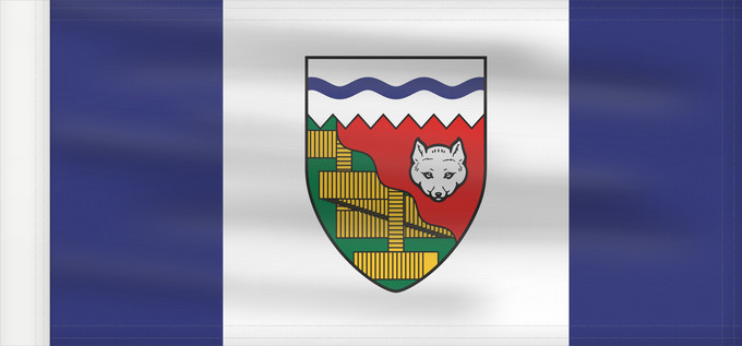 Bandera, con lado del asta reforzado: Northwest Territories Territoires du Nord-Ouest Territorios del Noroeste Nordwest-Territorien Territori del Nordovest Banniel Tiriadoù ar Gwalarn, Kanada ᓄᓇᑦᓯᐊᖅ ᓴᐃᒻᒪᑎ