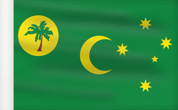 Bandera, con lado del asta reforzado: Cocos  Keeling  Islands	Cocos (Keeling) Islands	îles Cocos, utilisation non-officielle. Ratio 1 2	Islas Cocos	Kokosinseln	Isole Cocos	La Kokosinsuloj, uzo ne oficiala