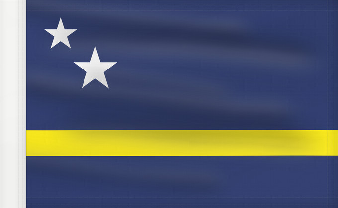 Drapeau, avec guindant renforcé : Curaçao	Curazao	Curacao	Curaçao is a blue field with a horizontal yellow stripe slightly below the midline and two white