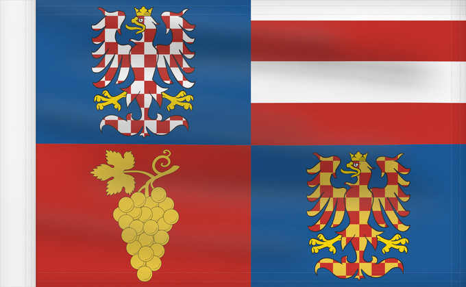 Bandera, con lado del asta reforzado: South Moravian Region	Région de Moravie du Sud)	Región de Moravia Meridional	Südmährische Region	Moravia meridionale	Jihomoravského kraje