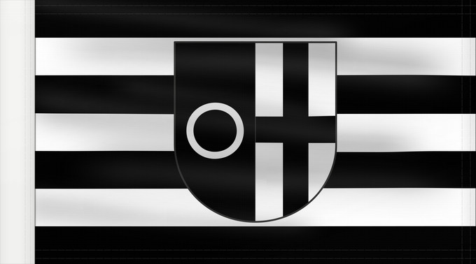 Flag, with reinforced hoist: Datteln	Beschreibung der Flagge  Die Flagge der Stadt Datteln zeigt in der Mitte das Stadtwappen auf schwarz - weiß gestreiftem Felde in waagerechter Anordnung über 4 schwarzen und 3 weißen Streifen