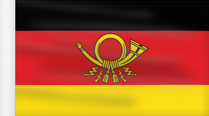 Flag, with reinforced hoist: German post 1950-1994 The service flag of German Federal Post Drapeau de service de la Poste fédérale allemande (1950-1994) Bandera de servicio de la Administración Postal Federal Alemana (1950-1994) Die Dienstflagge der Deutschen Bundespost Bandiera di