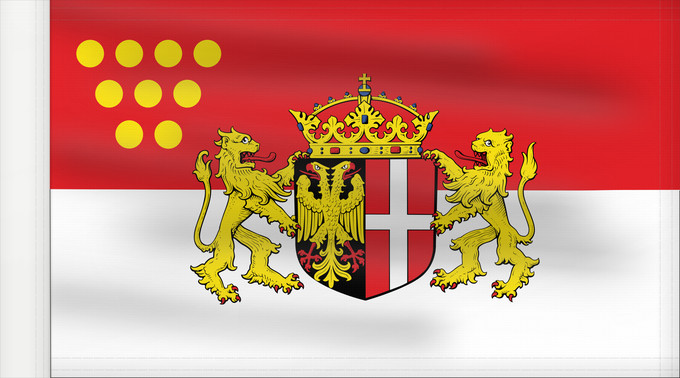Drapeau, avec guindant renforcé : Neuss	Das Wappen der Stadt Neuss zeigt auf einem von Schwarz und Rot gespaltenen Schild im schwarzen  linken  Feld einen rot bewehrten