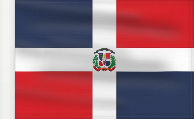 Bandera, con lado del asta reforzado: Dominican Republic	Dominican Republic has a centered white cross that extends to the edges	République dominicaine	Republica Dominicana	Dominikanischen Republik hat ein zentriertes weißes Kreuz	Repubblica Dominicana	Dominicaanse Republiek	Nacional da Repúb