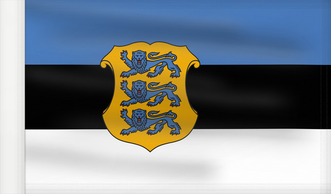 Bandiera, con lato dell'asta rinforzato: Estonia - Minister of Defence	Estonian Minister of Defence	Ministre de la Défense de l'Estonie	Ministro de Defensa de Estonia	Verteidigungsminister von Estland	Ministro della Difesa dell'Estonia	Kaitseministri lipp
