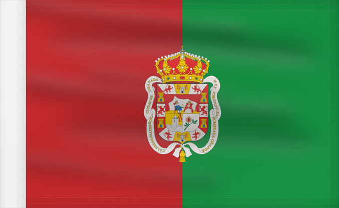 Bandera, con lado del asta reforzado: Granada2	City of Granada  Spain	La ville de Grenade est formé de deux bandes verticales d égale largeur  la première	Ciudad de Granada  España  Bandera es de color carmesí y verde	Granada
