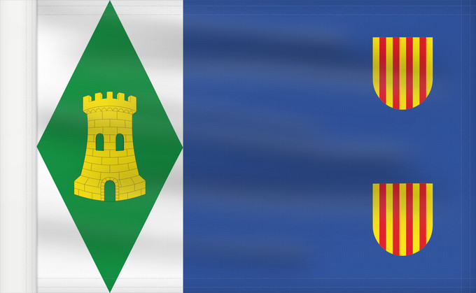 Bandera, con lado del asta reforzado: Torrijo del Campo	Torrijo del Campo Paño azul de proporciones 2 3, con dos escudetes del Señal Real de Aragón