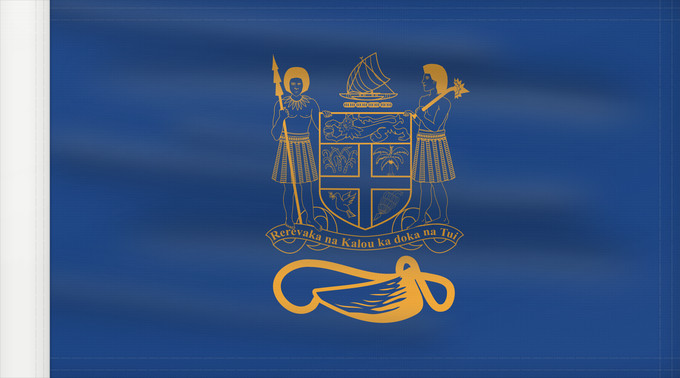 Drapeau, avec guindant renforcé : Presidential Standard of Fiji Standard of the President of Fiji bearing the full Coat of Arms of Fiji and a traditional Knot and Whale s tooth in Golden-Yellow