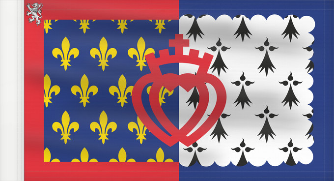Flagge, mit verstärktem Besatzband: Unofficial flag of Pays-de-la-Loire Unofficial flag of the region Pays-de-la-Loire in France Non officiel de la région Pays-de-la-Loire Países del Loira Pays de la Loire Los Païses de Léger