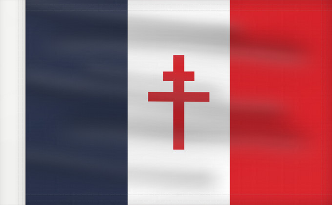 Flag, with reinforced hoist: Free France  1940-1944	Free France (1940-1944)	France Libre (1940-1944)	Francia Libre (1940-1944)	Freies Frankreich (1940-1944)	Francia Libera (1940-1944)	Used by the Free French Forces during the Second World War