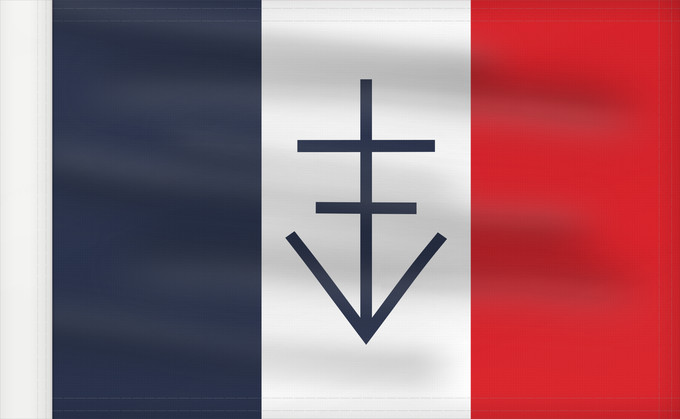 Flag, with reinforced hoist: Free Republic of Vercors Free Republic of Vercors June-July 1944 - the design depicted the French Republic tricolour featuring an emblem consisting of the cross of Lorraine surmonted by the letter V République Libre du Vercors - juin-juillet 1944 Répu