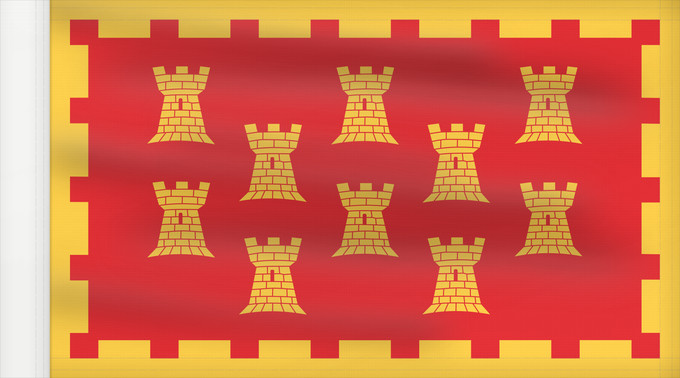 Bandera, con lado del asta reforzado: Unofficial County Flag of Greater Manchester	The County Flag of Greater Manchester is composed of ten golden castles  arranged in rows of 3-2-3-2  on a red background	Manchester
