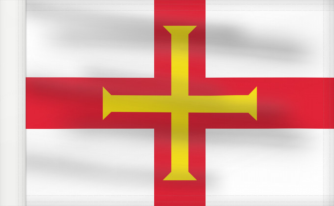 Bandera, con lado del asta reforzado: Guernsey	Guernesey	Guernsey (Kanalinsel)	Couleu de Guernési	Ynys y Garn