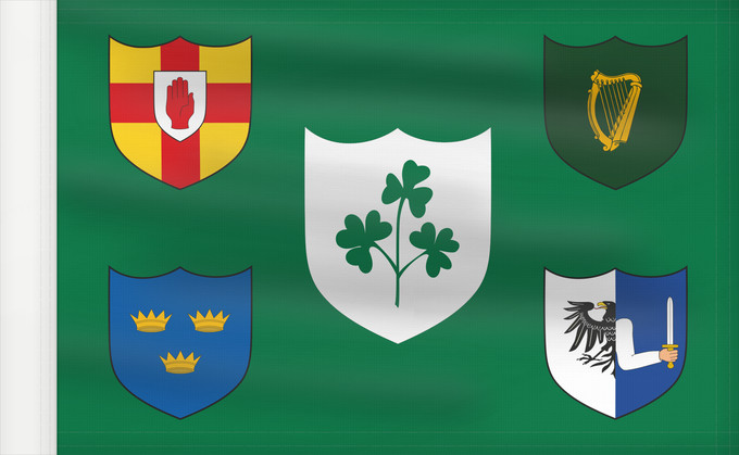 Flag, with reinforced hoist: IRFU IRFU flag first made public in 1925, comprised of the traditional four provinces of Ireland shields and other older elements