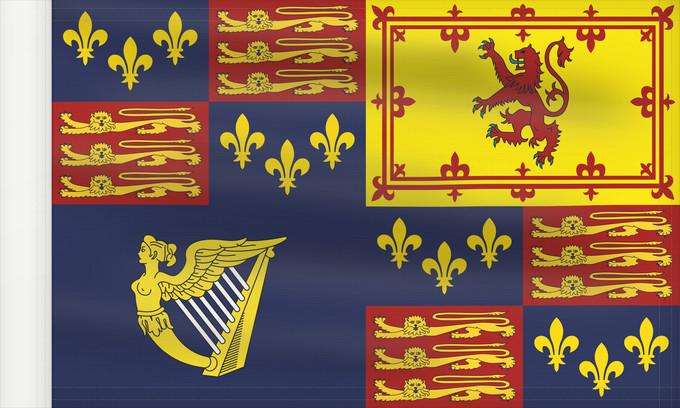 Flagge, mit verstärktem Besatzband: Royal Standard of England 1603-1649 Royal Standard of England 1603-1649, 1660-1689, 1702-1707 Étendard Royal d'Angleterre (1603-1649, 1660-1689, 1702-1707) Estandarte Real de Inglaterra (1603-1649, 1660-1689, 1702-1707) Königsstandarte von England (1603