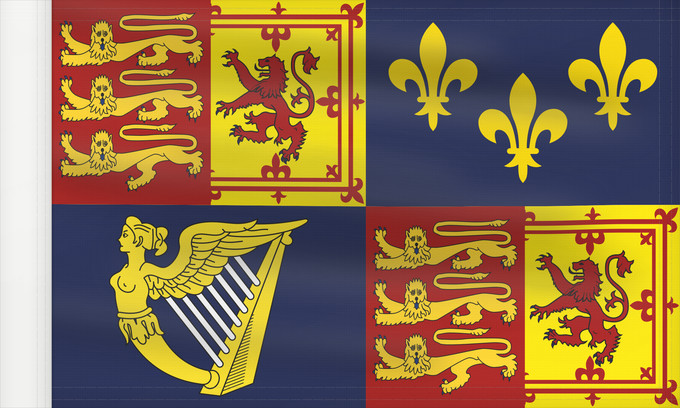 Flagge, mit verstärktem Besatzband: Royal Standard of Great Britain 1707-1714 Royal Standard of Great Britain (1707-1714) Étendard Royal de Grande-Bretagne (1707-1714) Estandarte Real de Gran Bretaña (1707-1714) Königsstandarte von Großbritannien (1707-1714) Stendardo Reale di Gran Bretagn