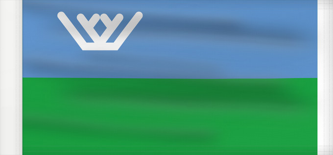 Drapeau, avec guindant renforcé : Yugra Khanty-Mansi Autonomous Okrug Le district autonome des Khantys-Mansis Iougra distrito autónomo de Janti-Mansi - Yugra Autonome Kreis der Chanten und Mansen Флаг Ханты-Мансийского автономного округа — Югры