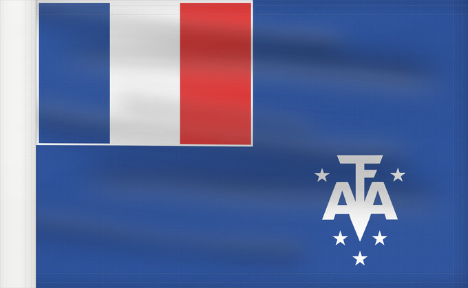 Bandera, con lado del asta reforzado: French Southern and Antarctic Lands	En French Southern and Antarctic Lands	Terres australes et antarctiques françaises	Administrador Superior de los Territorios Australes Franceses	Französische Süd- und Antarktisgebiete	Territori francesi meridionali	Fran