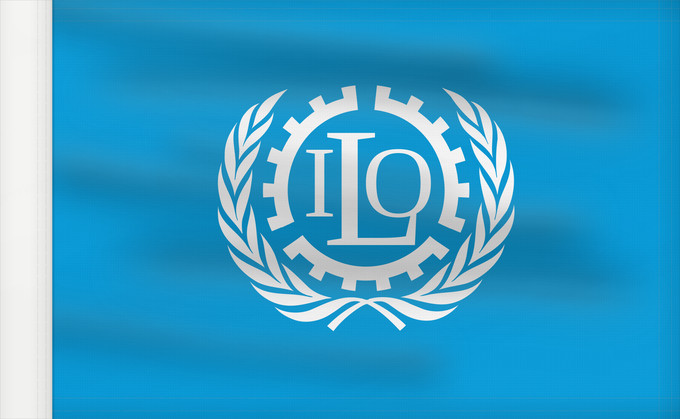 Drapeau, avec guindant renforcé : ILO International Labour Organization Organisation internationale du travail Internationale Arbeitsorganisation Dell Organizzazione Internazionale del Lavoro