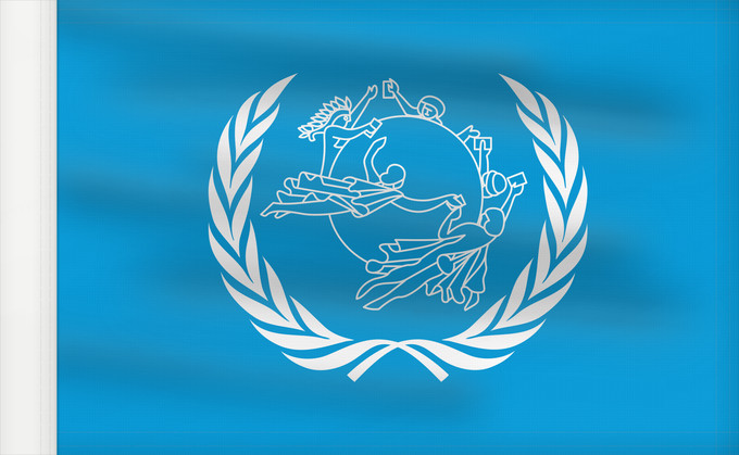 Bandera, con lado del asta reforzado: UPU	Universal Postal Union	L Union postale universelle	Weltpostverein	Dell Unione Postale Universale	Прапор Всесвітнього поштового союзу