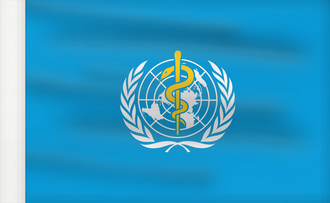 Drapeau, avec guindant renforcé : WHO World Health Organization L Organisation mondiale de la santé 世界衛生組織的旗幟。