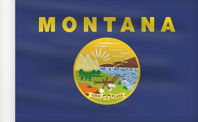 Bandera, con lado del asta reforzado: Montana	ᎹᎾᏖᎾ ᎦᏓᏘ	Ho honáéšé e hoohëö o	Ka hae Monekana	Montanae	Máánteenah Hahoodzo bidah naatʼaʼí	Američke savezne države Montane