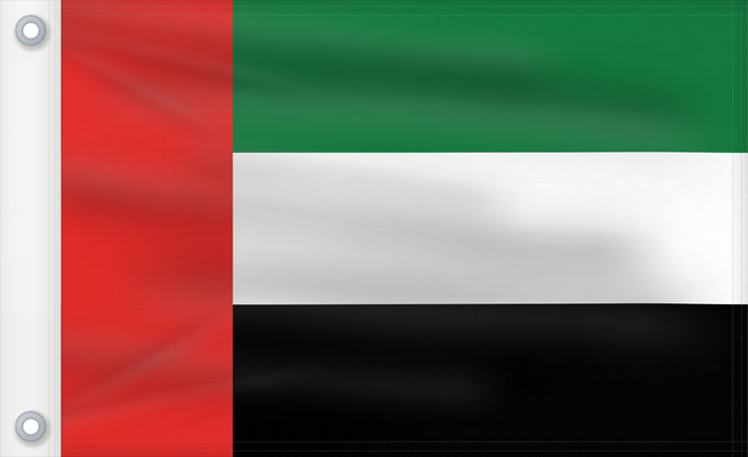 Bandera, con dos ojales metálicos y lado del asta reforzado: United Arab Emirates Émirats arabes unis Emiratos Árabes Unidos Vereinigten Arabischen Emirate Degli Emirati Arabi Uniti Verenigde Arabische Emiraten علم الإمارات العربية المتحدة ܐܬܐ ܕܐܡܝܪܘܬܐ ܥܪܒܝܬܐ ܚܕܝܬܐ ٴبىيرلاشمىيش ٴاراب امىيرلىيكلارىي بايراعى Spojenýc