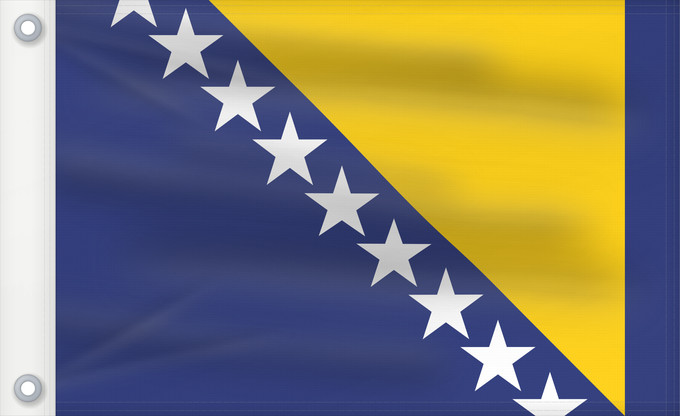 Drapeau, avec deux œillets métalliques et guindant renforcé : Bosnia and Herzegovina	Bosnie-Herzégovine	Bosnia y Herzegovina	Bosnien und Herzegowina	Bosnia-Erzegovina	Bosnië en Herzegovina	Bośni i Hercegowiny	علم البوسنة والهرسك	Bosne i Hercegovine	Bosny a Hercegoviny	Боснꙑ ꙁнамѧ / Ⰱⱁⱄⱀⱏⰺ ⰸⱀⰰⰿⱔ	Bosnien-Hercegovinas	