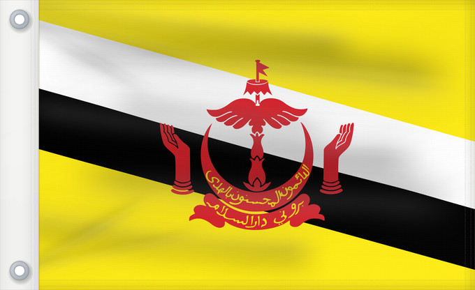 Bandera, con dos ojales metálicos y lado del asta reforzado: Brunei	Brunei Darussalam	Brunéi	علم بروناي	Bruneis	Brunein	브루나이의 국기	Bruney	Brunei / بنديرا بروني	ဘရူနိုင်းနိုင်ငံ၏ အလံတော်	Флаг Брунея	Bruneja	புரூணை கொடி	ธงชาติบรูไนดารุสซาลาม	Watawat Brunay	Cờ Brunei	​文莱国旗