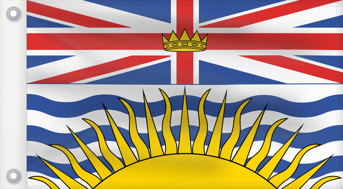 Bandera, con dos ojales metálicos y lado del asta reforzado: British Columbia Colombie-Britannique Columbia Británica Columbia Britannica Banniel proviñs Kolombia Vreizhveuriat British Columbia