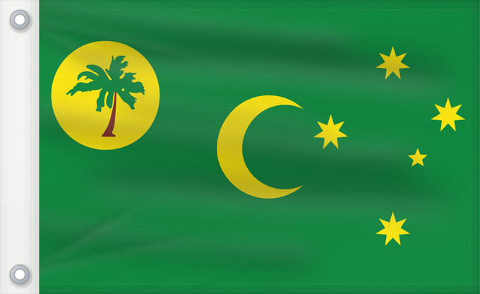 Bandera, con dos ojales metálicos y lado del asta reforzado: Cocos  Keeling  Islands	Cocos (Keeling) Islands	îles Cocos, utilisation non-officielle. Ratio 1 2	Islas Cocos	Kokosinseln	Isole Cocos	La Kokosinsuloj, uzo ne oficiala