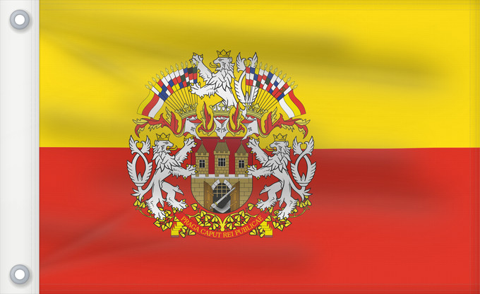 Bandera, con dos ojales metálicos y lado del asta reforzado: Prague flag with CoA Prague flag with coats of arms Prague Praga Prahy se znakem Prahy