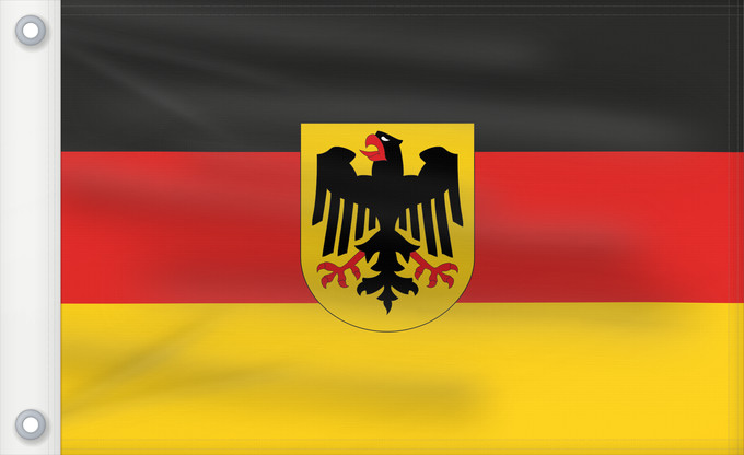 Bandera, con dos ojales metálicos y lado del asta reforzado: Germany  state	Bundesdienstflagge  Flag of the federal authorities of Germany	Allemagne	La Bundesdienstflagge está reservada para las autoridades federales alemanas	Die Bundesdienstflagge ist den deutschen Bundesbehörden vorbehalten	Germania