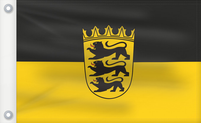 Bandera, con dos ojales metálicos y lado del asta reforzado: Baden-Württemberg state, lesser arms State flag with lesser arms of Baden-Württemberg Bade-Wurtemberg Baden-Wurtemberg[ Landesdienstflagge Baden-Württembergs mit kleinem Landeswappen Baden-Württemberg
