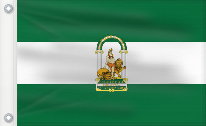 Bandera, con dos ojales metálicos y lado del asta reforzado: Andalucía	Autonomous Comunity of Andalusia  Spain	Andalusia	Comunidad Autónoma de Andalucía  España