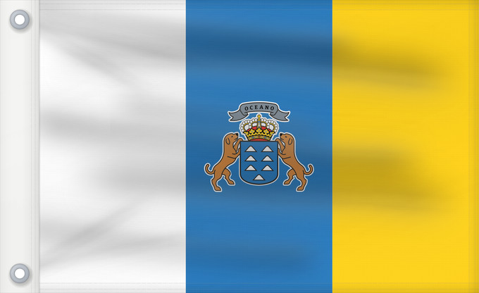 Bandera, con dos ojales metálicos y lado del asta reforzado: Canary Islands Communauté autonome des îles Canaries Espagne Comunidad Autónoma de Canarias España Kanarischen Inseln Isole Canarie カナリア諸島自治州の州旗。